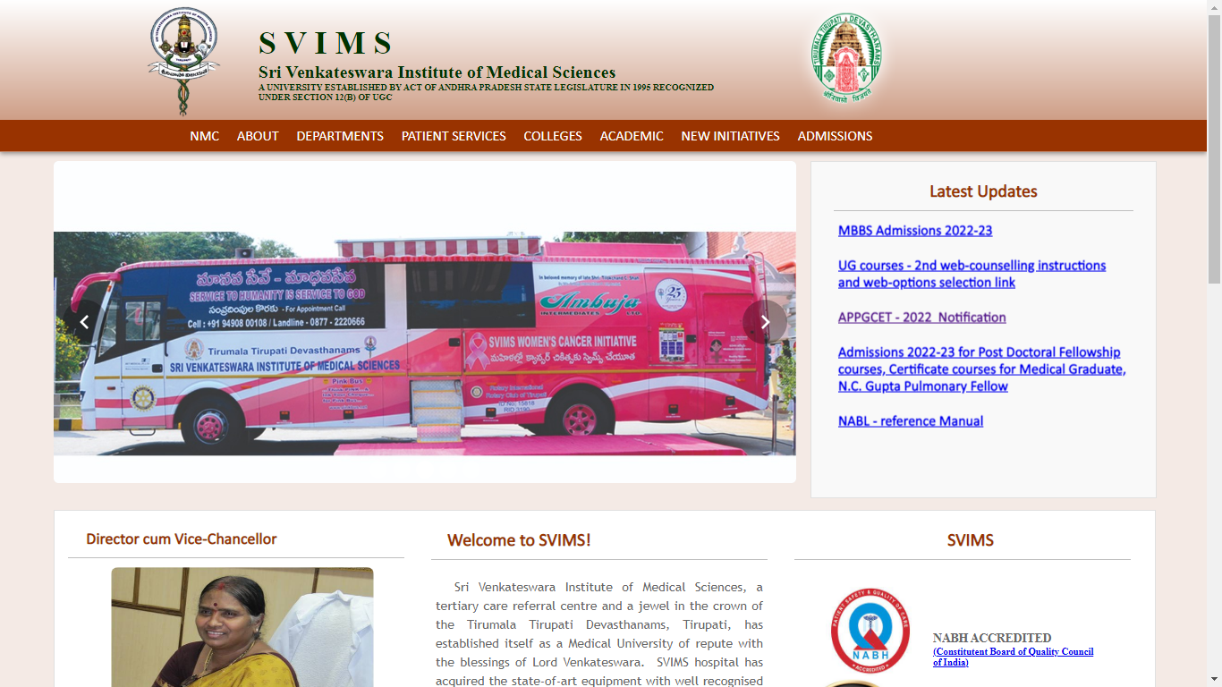 Sri Venkateswara Institute of Medical Sciences Admission, Courses, Fees, Ranking and Contact Details.