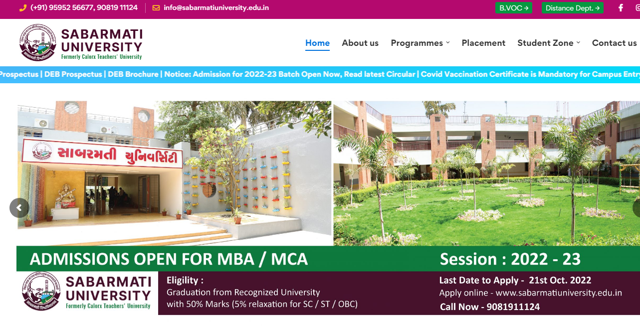 Sabarmati University Admission, Courses, Fees, Ranking and Contact Details.
