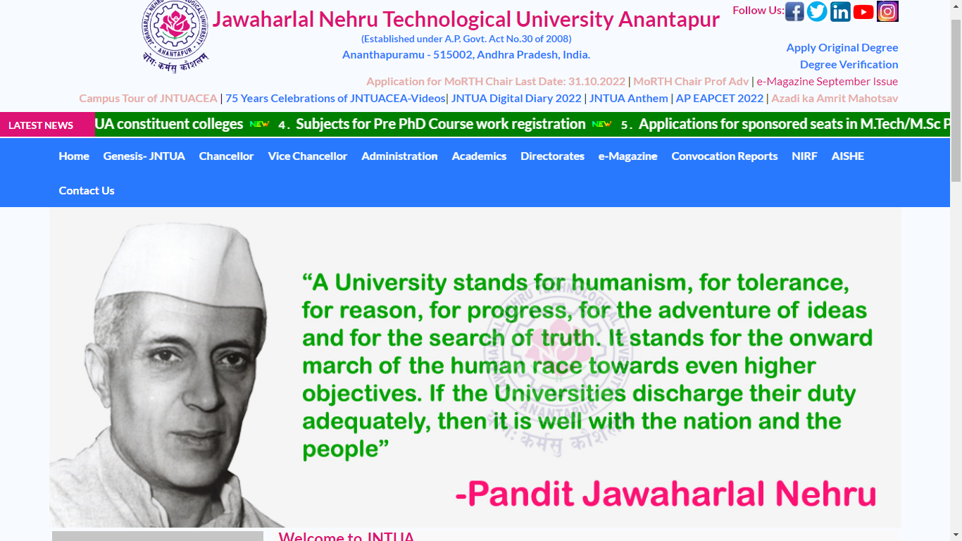 Jawaharlal Nehru Technological University, Anantapur Admission, Courses, Fees, Ranking and Contact Details.